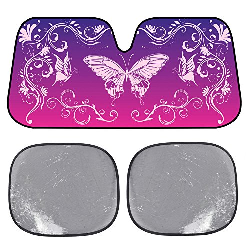 BDK USA Swirl Butterfly Accordion Folding Car Windshield Sun Shade with 2 Side Car Window Shades for Baby - Cute Jumbo Sunshade for Car to Protect Interior & Keep Your Vehicle Cool 58