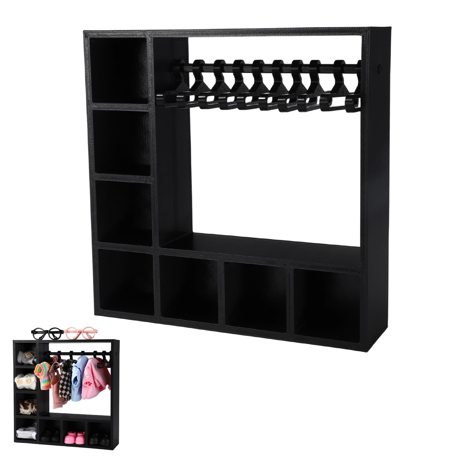 Doll Clothes Closet, 7.87x7.87x1.97in Sturdy Plastic Doll Wardrobe with 10 Hangers for Organizing Clothes Shoes Hats Sunglasses Bags Various Outfit and Supplies Accessories(Black)