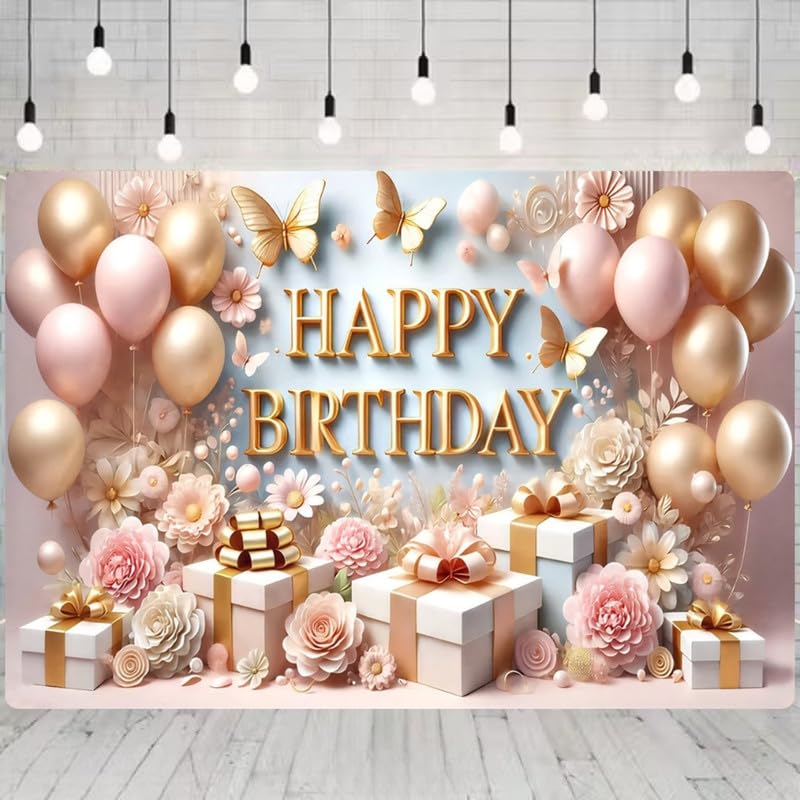 Image of Light Pink Elegant Birthday Backdrop - Floral Rose Gold Theme with Balloons & Gift Boxes for Birthday Decoration & Photoshoot (Pack of 1)