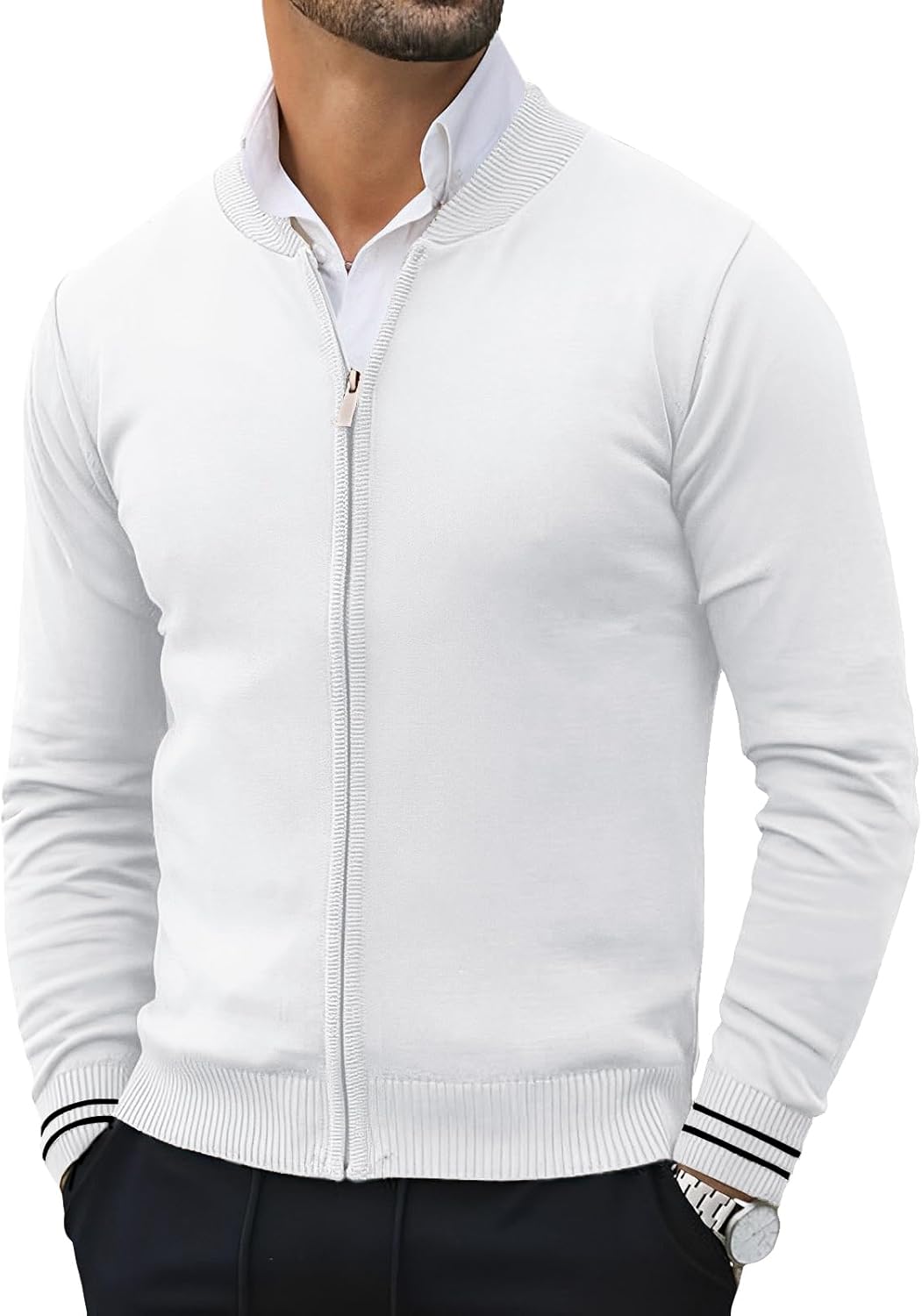 Lexiart Men’s Casual Cardigan Sweaters Knitted Stand Collar Slim Fit Full-Zip Warm Jacket