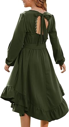 Girls Boho Dress Teen Long Sleeve Lace Backless Tie Back High Low Swing Pocket Dresses with Belt Size 5-16 Years
