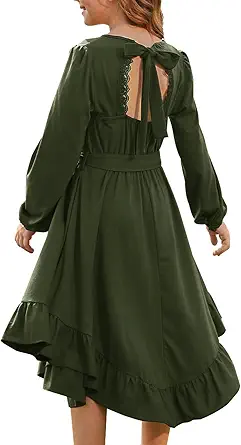 Girls Boho Dress Teen Long Sleeve Lace Backless Tie Back High Low Swing Pocket Dresses with Belt Size 5-16 Years