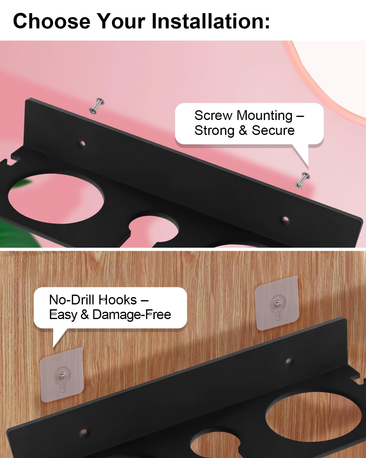 Soporte de pared para secador de pelo, organizador de herramientas para el cabello con vasos de acero resistentes al calor, soporte acrílico para secador de pelo, adhesivo o montaje de