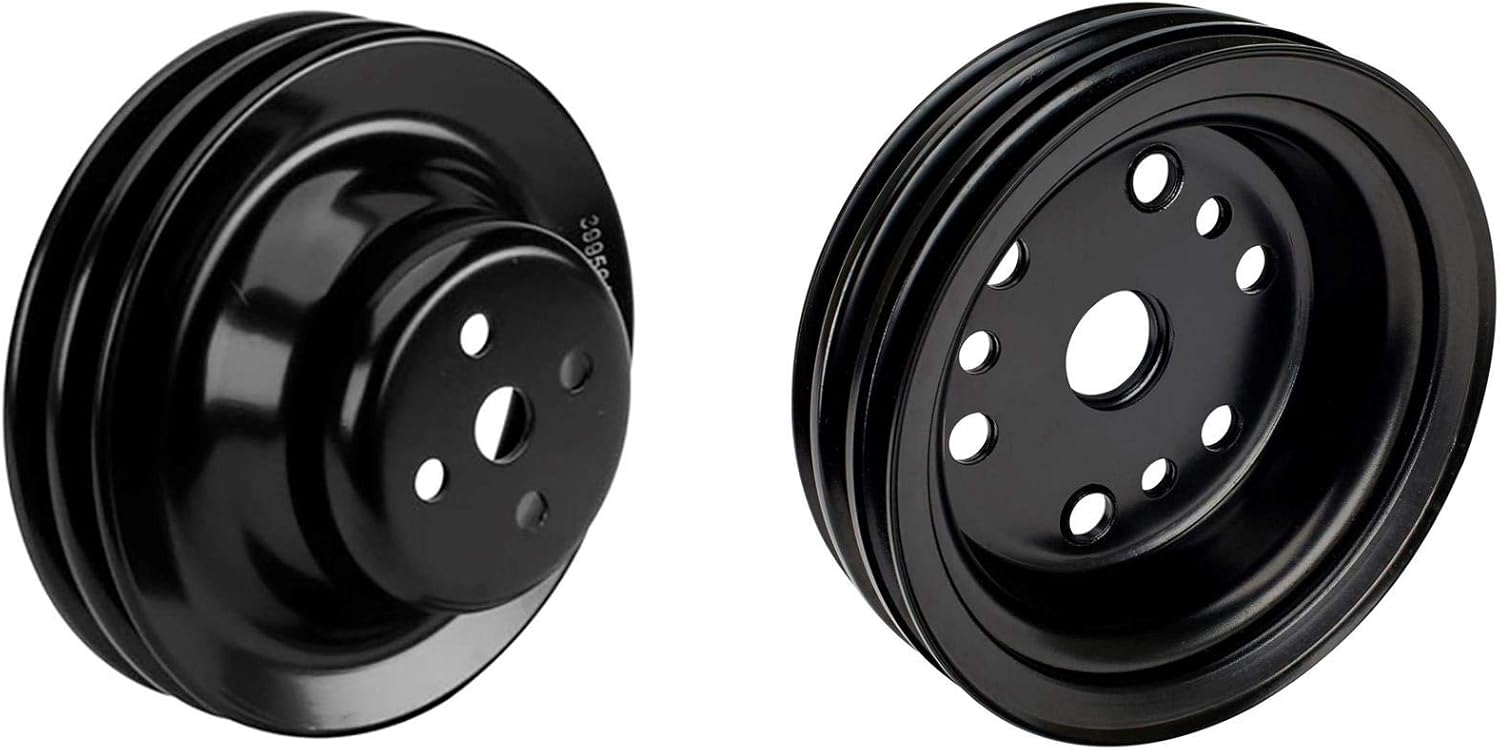 Speedway Motors SBC Black Pulley Set for Short Water Pump, Satin Black Steel V-Belt Kit with 2-Groove Upper Pulley and 3-Groove Crank Pulley Combination, Lightweight Matching Set