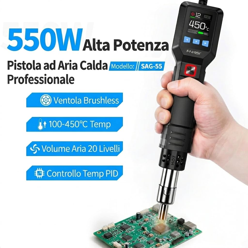 Pistola ad Aria Calda 550W con Controllo PID e Display LCD – Stazione di Saldatura Professionale per Elettronica SMD, 3 Preset, Smart Sleep, Flusso Aria Regolabile