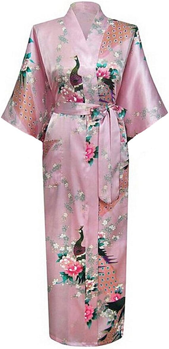 Fpump Women Bath Robe Pink Japanese Yukata Kimono Ladies Faux Silk