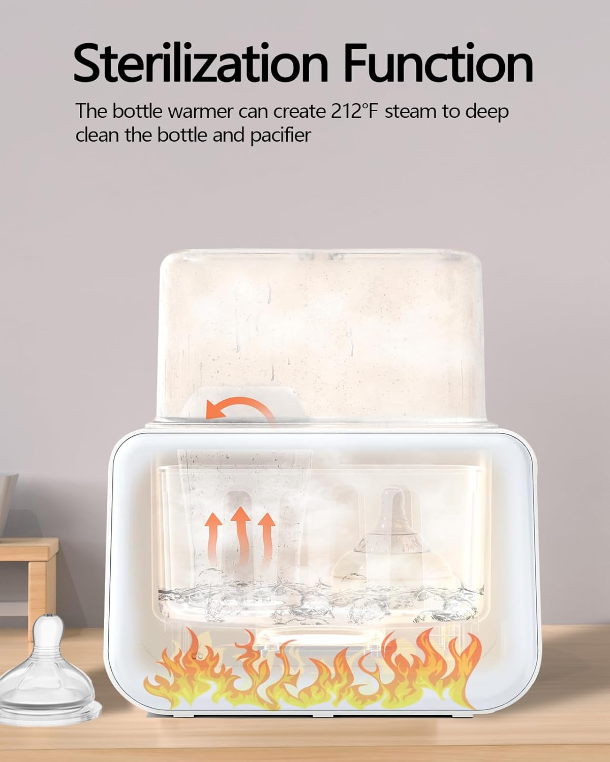 HEYVALUE W2 Bottle Warmer showing steam sterilization process