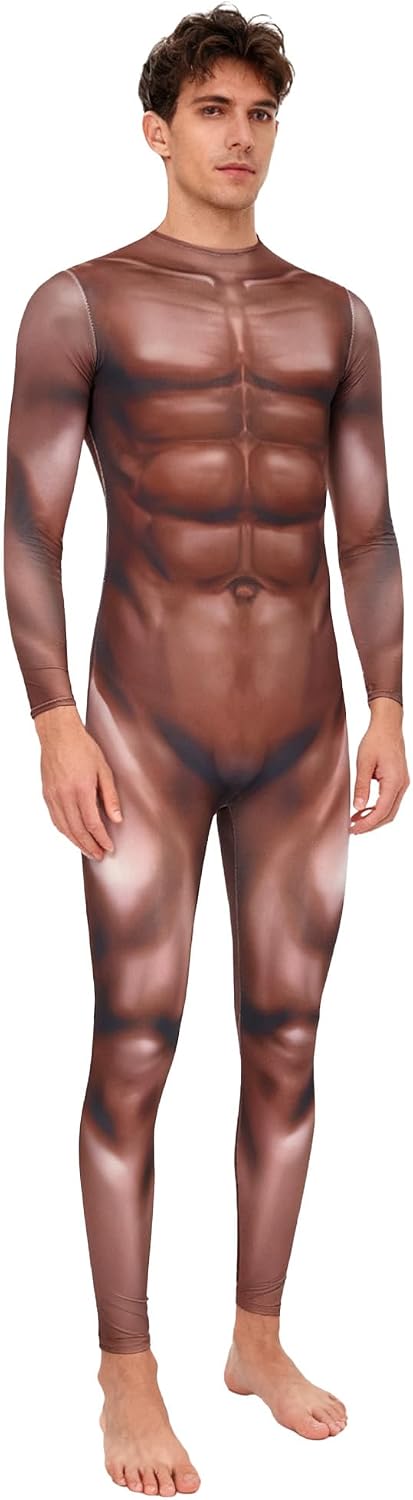 iiniim Men's Full Body 3D Digital Print Bodysuit Realistic Muscle Unitards Jumpsuit for Halloween