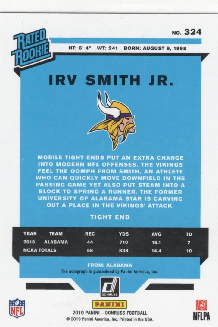 Irv Smith Jr. Autographed Gold Parallel Rated Rookie Collectible Football Card - 2019 Panini Donruss Football Card #324 (Vikings)