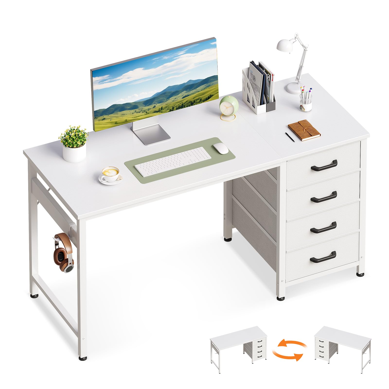 ODK Escritorio Pequeño con 4 Cajones, Mesa de Escritura Reversible para Ordenador con Gancho para Auriculares, Escritorio Gaming para Oficinas y Puestos de Trabajo (Blanco, 120×48×75.7cm)