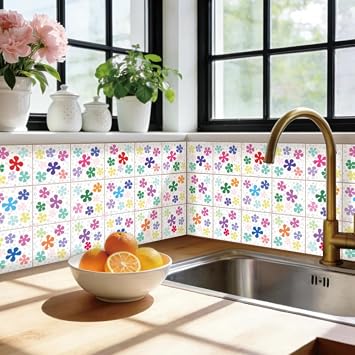 36pcs Modern Simple Line Flowers Tile Sticker Geometric Peel and Stick Wall Tile Decals 4x4 in Self-Adhesive Removable Waterproof Vinyl Decals for Kitchen Bathroom Backsplash