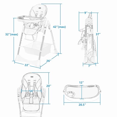 Miniatura 7 de INFANS Silla alta plegable con cesta de almacenamiento grande, altura ajustable, reclinable y reposapiés, cojín de poliuretano extraíble, bandejas