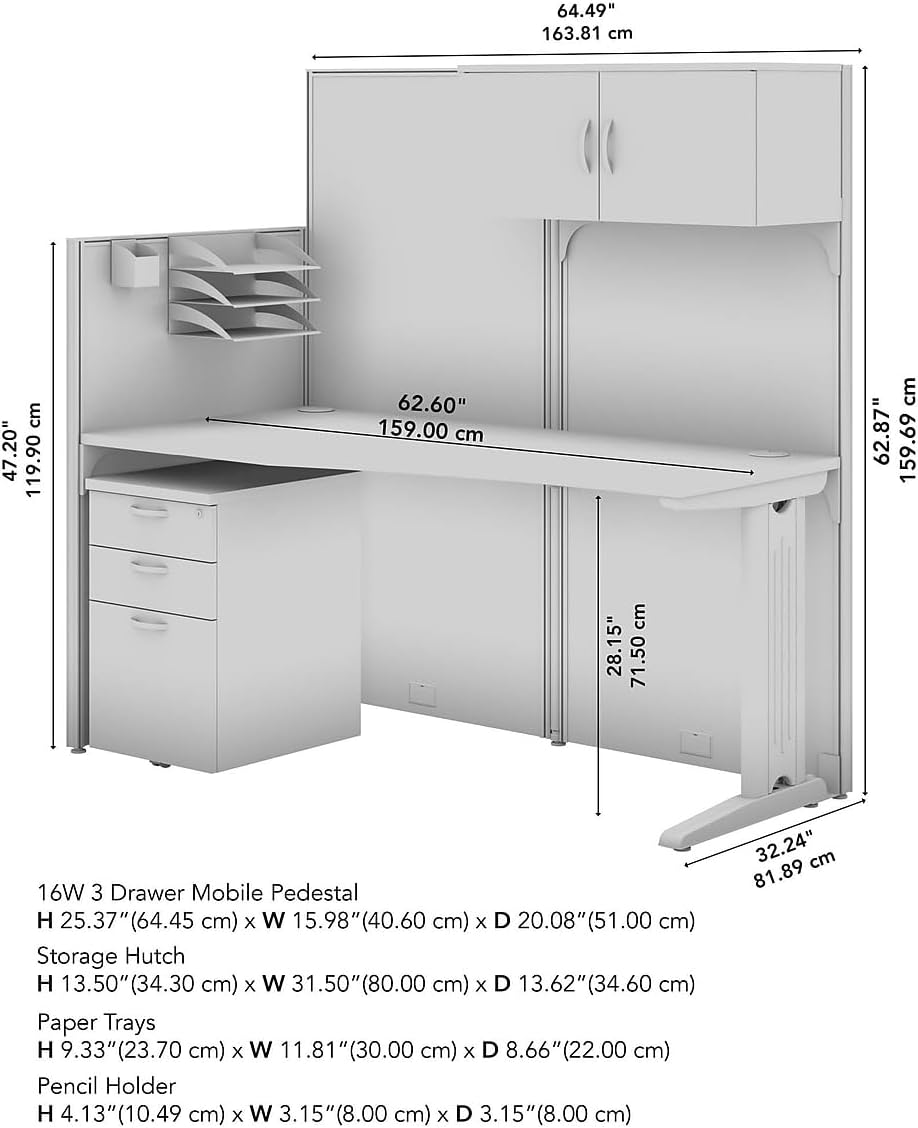 Bush Business Furniture Office in an Hour 65W Straight Cubicle Desk with Storage, Drawers, and Organizers in Pure White | Modern Computer Table Set with Privacy Panels for Commercial Workspace