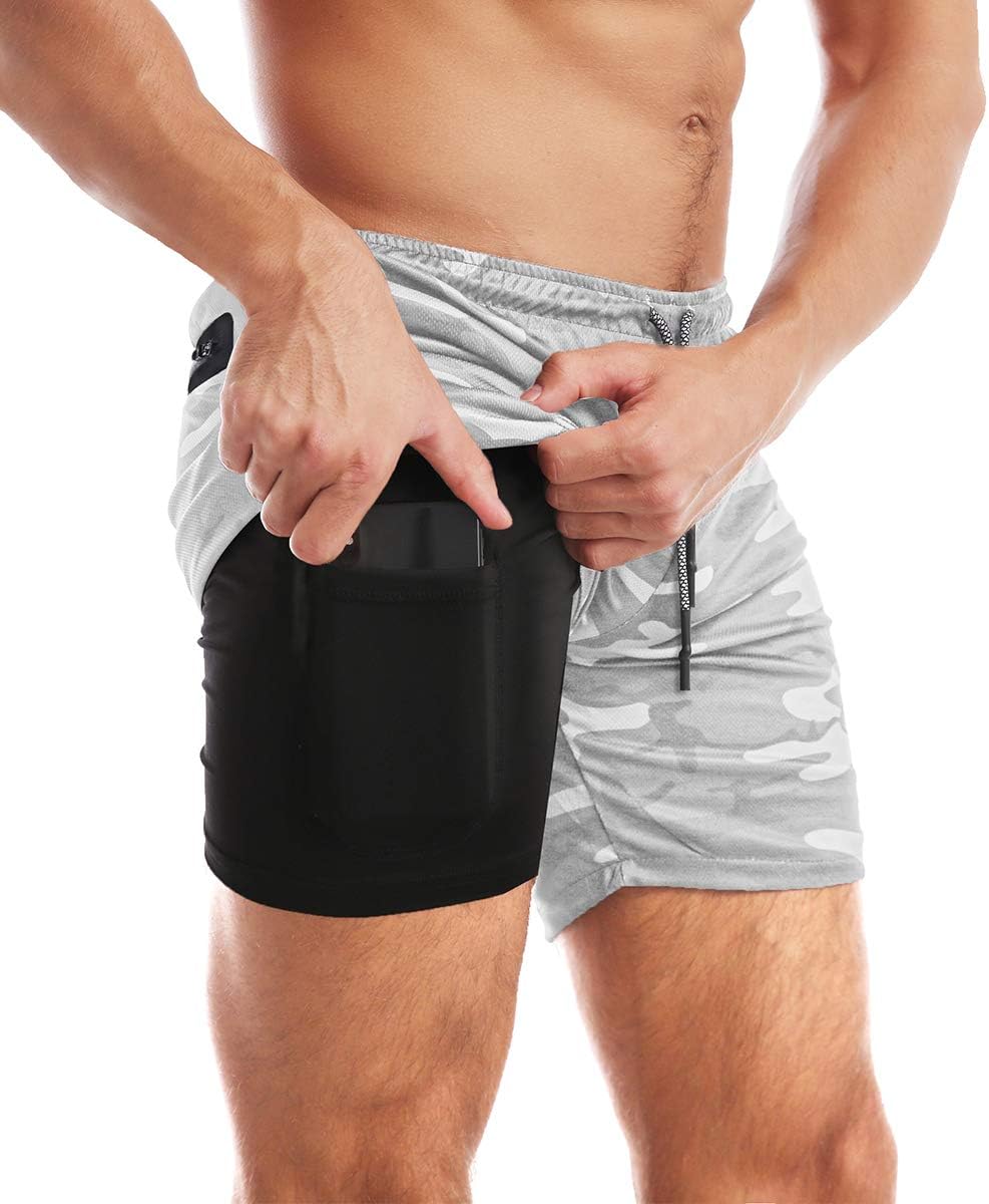 Men's 2-in-1 Bodybuilding Workout Shorts Lightweight Gym Training Short Running Athletic Jogger with Zipper Pockets