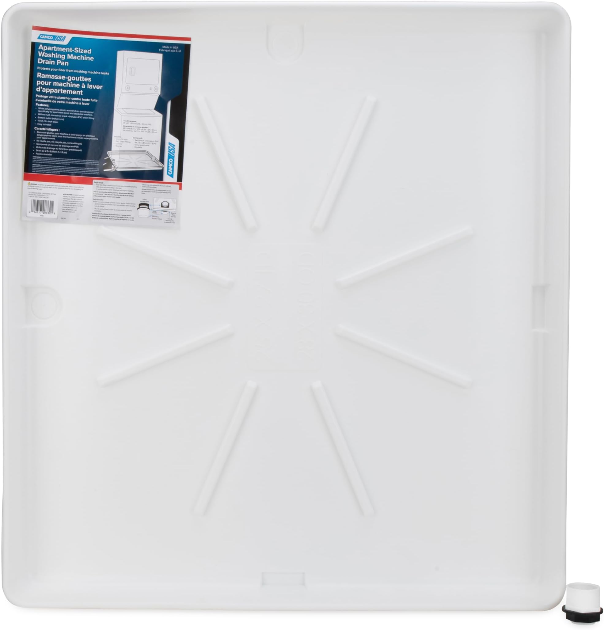 Camco Stackable Washing Machine Drain Pan - Measures 25″ (L) x 27″ (W) ID & 28″ (L) x 30″ (W) x 2 7/16″ (H) OD - Great for Apartment-Sized Washers/Stackable Units - 1"/1.5" PVC Drain Fitting (21006)