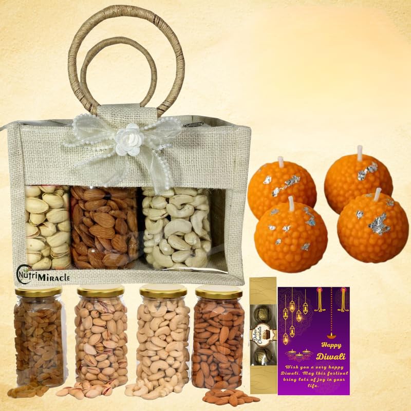 Image of NUTRI MIRACLE Diwali Dry Fruits and Dubai Chocolates Gift Hamper Basket with Laddu Candles and for Corporate Employees