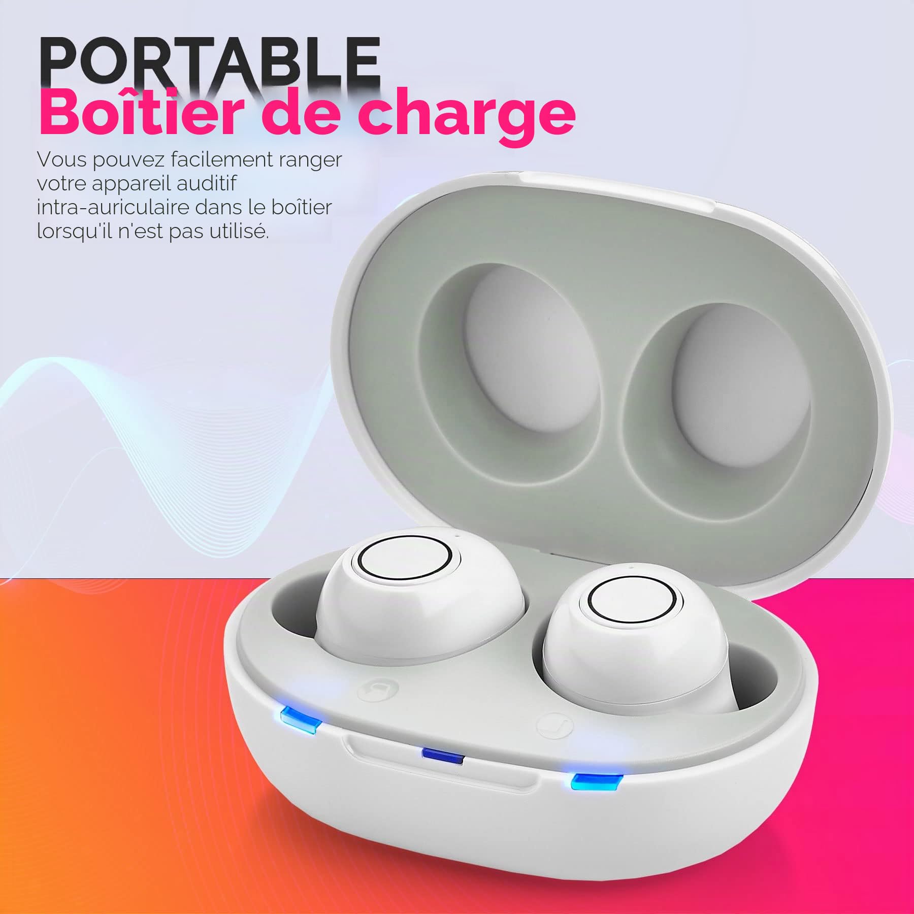 MEDca Appareil personnel numérique nouvelle génération intra-auriculaire avec réduction du bruit - Ensemble de 2 pièces rechargeables ITE, étui de chargement portable, blanc