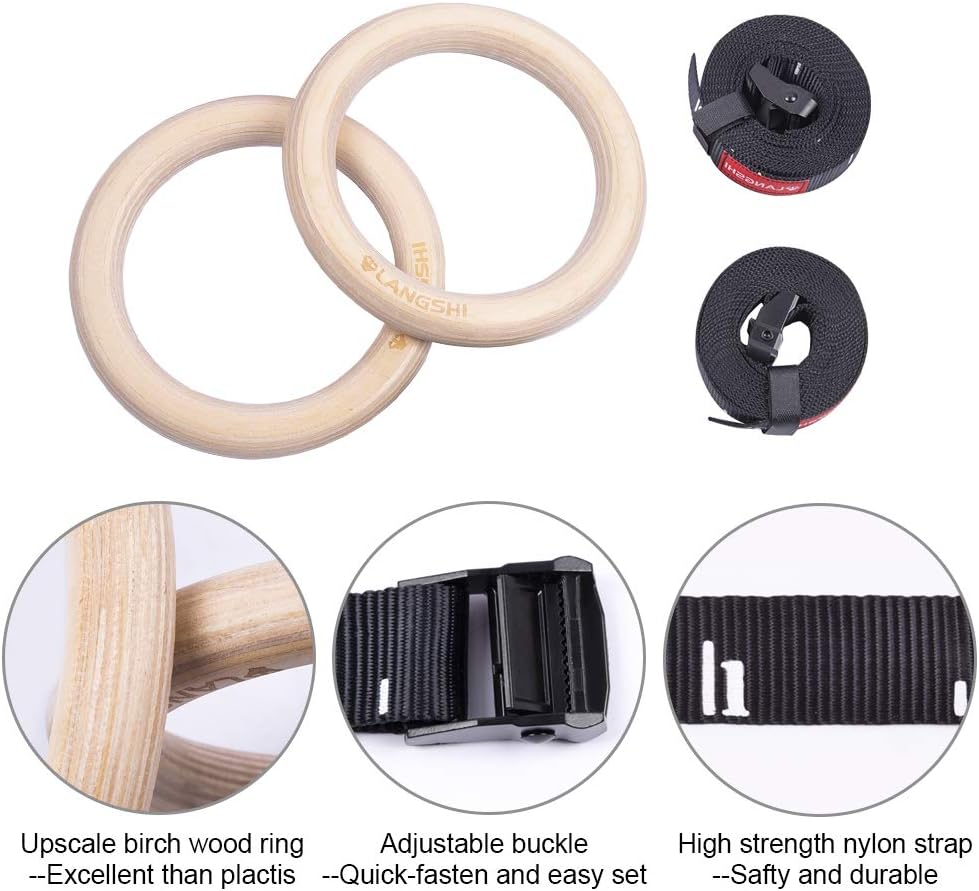 LANGSHI Wooden Gymnastic Rings with Buckles Straps Exercise Gym Rings Athletic Rings for Muscle Building, Ab Workout, Strength Training, Upper Body Strength, Suspension Training : Sports & Outdoors