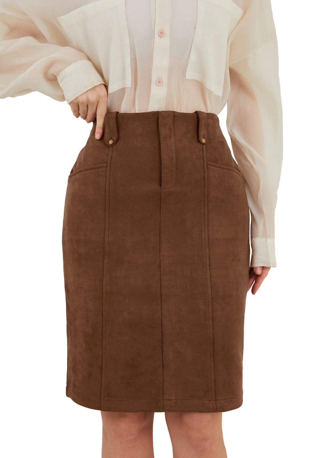 Womens Faux Suede Knee Length Skirt High Waisted Bodycon Fall Winter Zipper Trendy Skirts for Women with Pockets