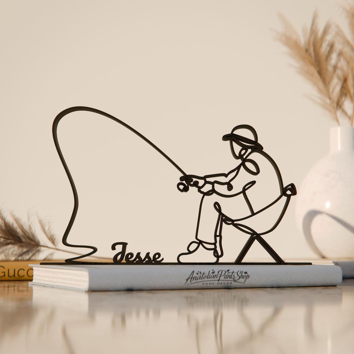 Black Fisherman Plastic Line Art Figure Modern Minimalist Fishing Sculpture Artistic Home Decor Gift for Fishermen Nature Lovers Lake River Cabin Display Office Desk Decoration India