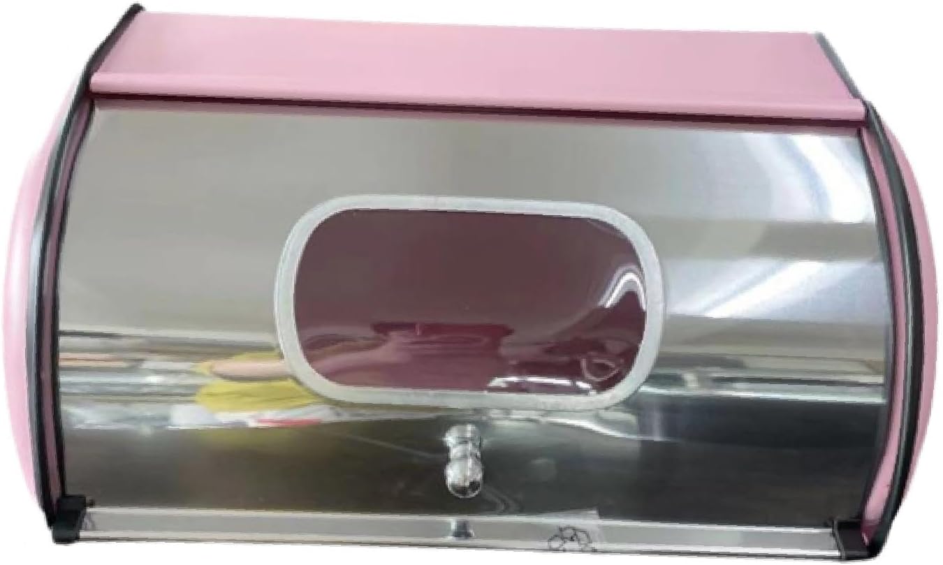 Roll Top Bread Bin Metal Bread Box Bread Storage Holder for Kitchen Counter for Pantry, Pink