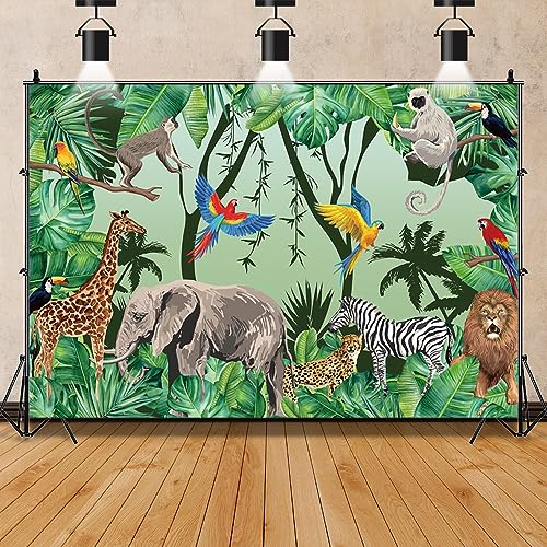 7x5ft Tropical Jungle Safari Animals Backdrop Tropical Forest Jungle Animal Photography Background Boy Birthday Baby Shower Birthday Party Banner Decoration Supplies Newborn Photo Booth Props