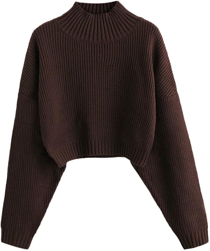 ZAFUL Women's Pullover Sweater Drop Shoulder Plain Knitted Cropped Sweater Pullover Solid Long Sleeve Cropped Tops
