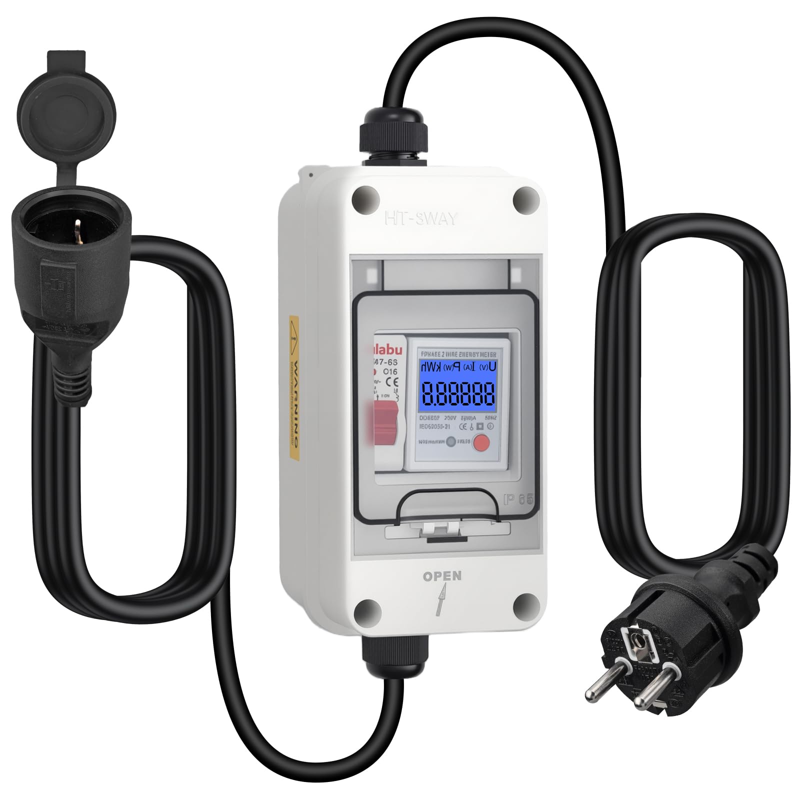 KAMTOP Medidor Consumo Eléctrico Monofásico 230V 80A Contador Energía Digital con Disyuntor LS Monitor Electricidad Portátil IP65 Medidor Energético Cable H07RN-F 3m VDE para Hogar RV Camping Caravana