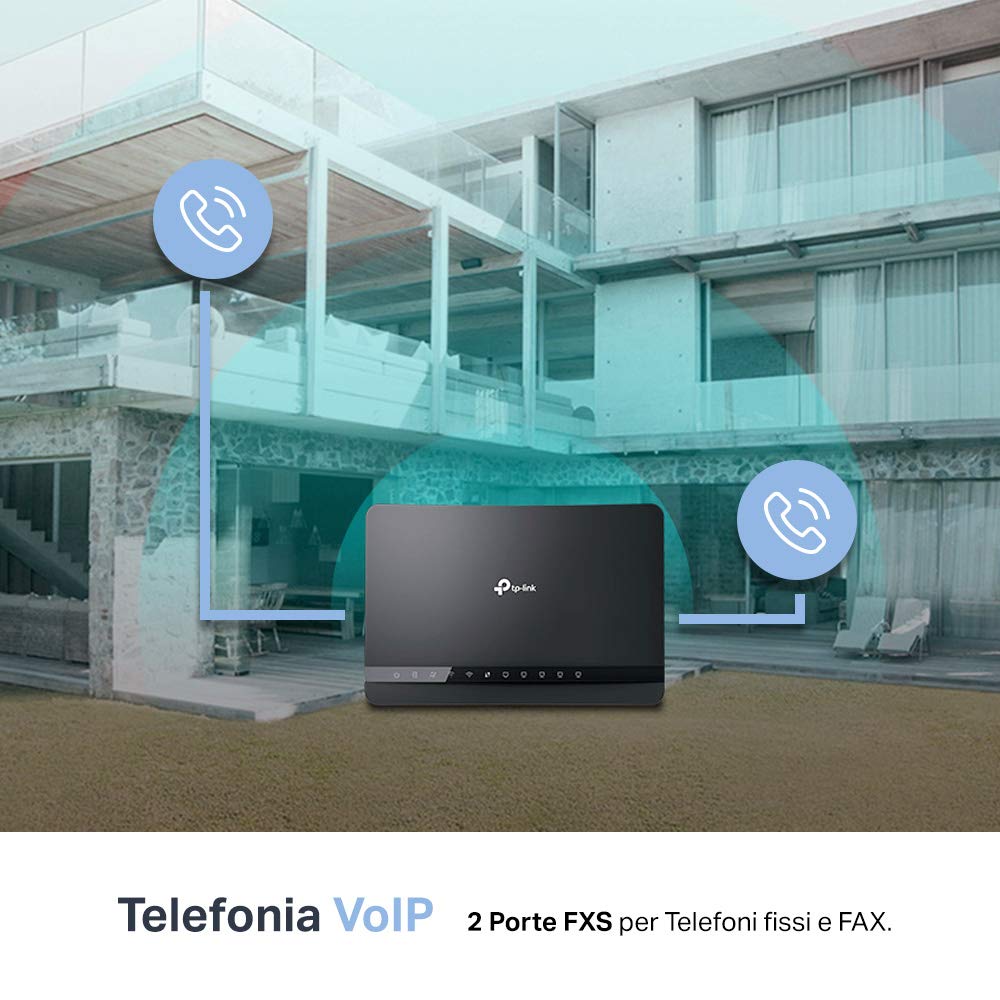 TP-Link Archer VR1210v Modem Router Evdsl fino a 300Mbps, Wi-Fi AC1200Mbps Dual Band, Telefonia Fissa e Voip, 4 Porte Gigabit, Beamforming, MU-MIMO