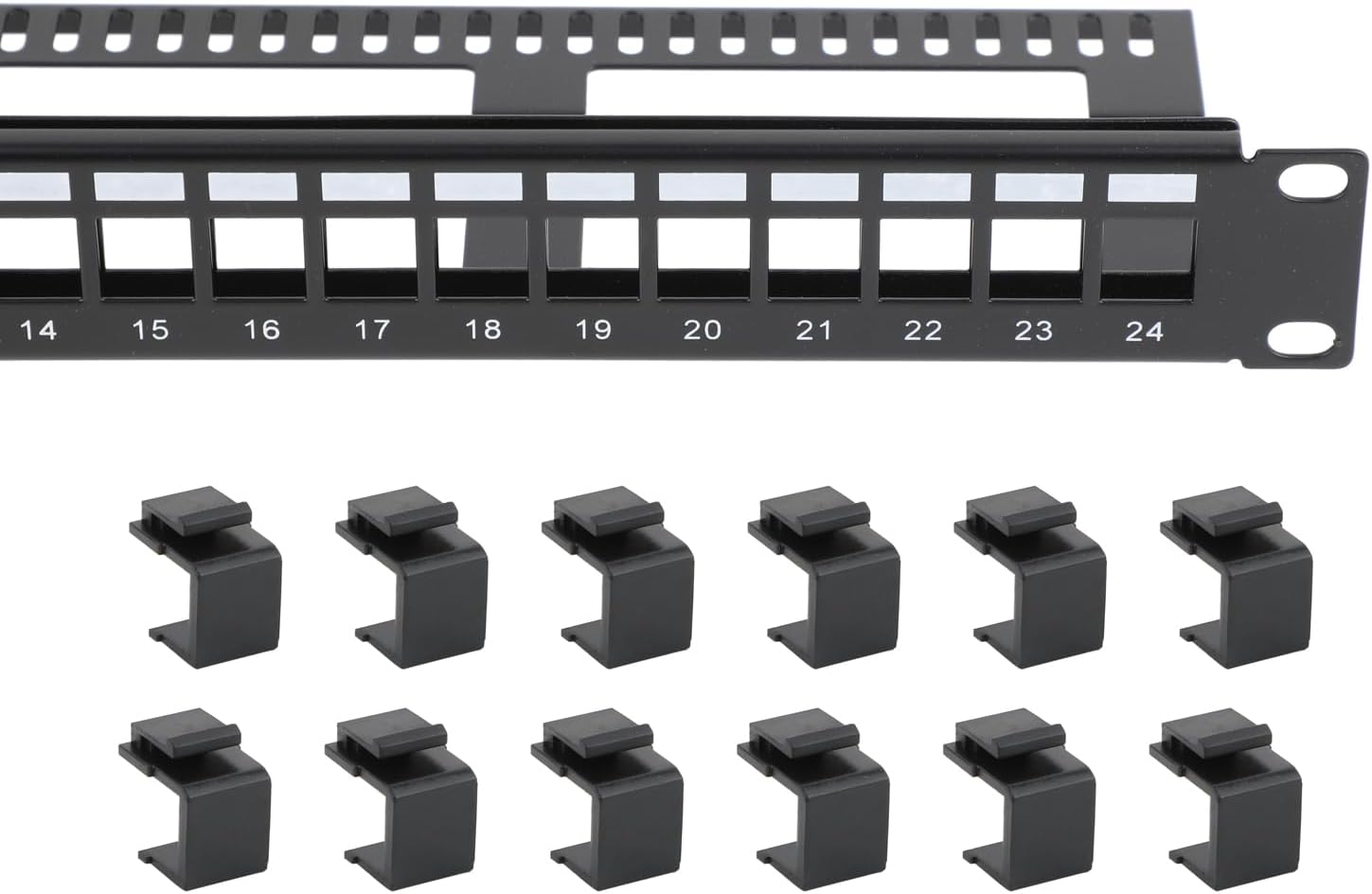 1U 24 Port Keystone Patch Panel with Cable Management and Support Bar, 19-inch Blank Patch Panel Includes 24 Blank Inserts for Keystone Jacks