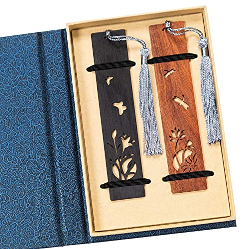 Product Image of the Handmade Wooden Bookmark Gift Box Set, 2pcs Wooden Bookmarks Handmade Natural Wood Bookmark with Tassel, is A Unique Gift for Teachers, Students, Men and Women