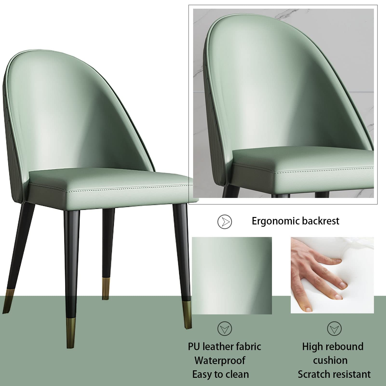 BKgdO Sillas de comedor de Cuero de la PU Verde, juego de 2 sillas de acento con respaldo Suave y Patas de Metal Resistente sillas laterales para muebles de oficina en casa