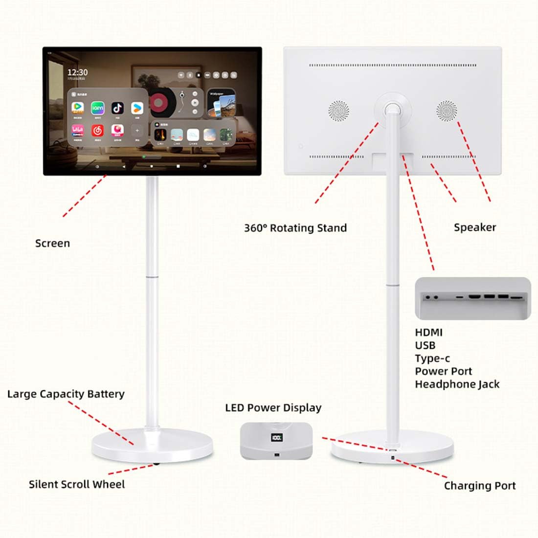 Smart TV Portatile Da 32 Pollici Su Ruote,Monitor Touchscreen 4k Uhd Con Operativo Android,Supporto Girevole Completo Con Ruote,Trasmissione Wireless,Batteria Integrata,8+128 GB