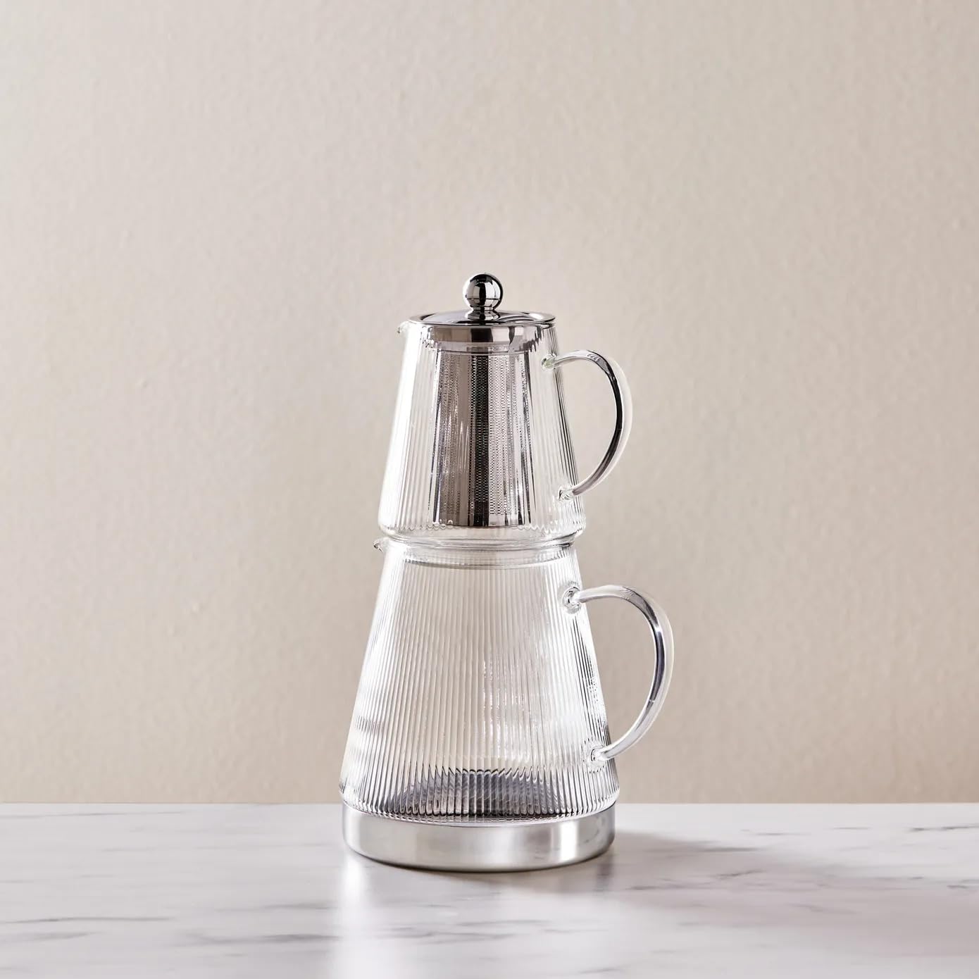 Karaca Keops Borosilikatglas Teekannen-Set mit Edelstahl-Teesieb, 1,5 L Kessel & 0,45 L Glas Teekanne mit Sieb, Turkish Tea Pot, Caydanlik, Türkischer Teebereiter für Kräutertee, losen Tee