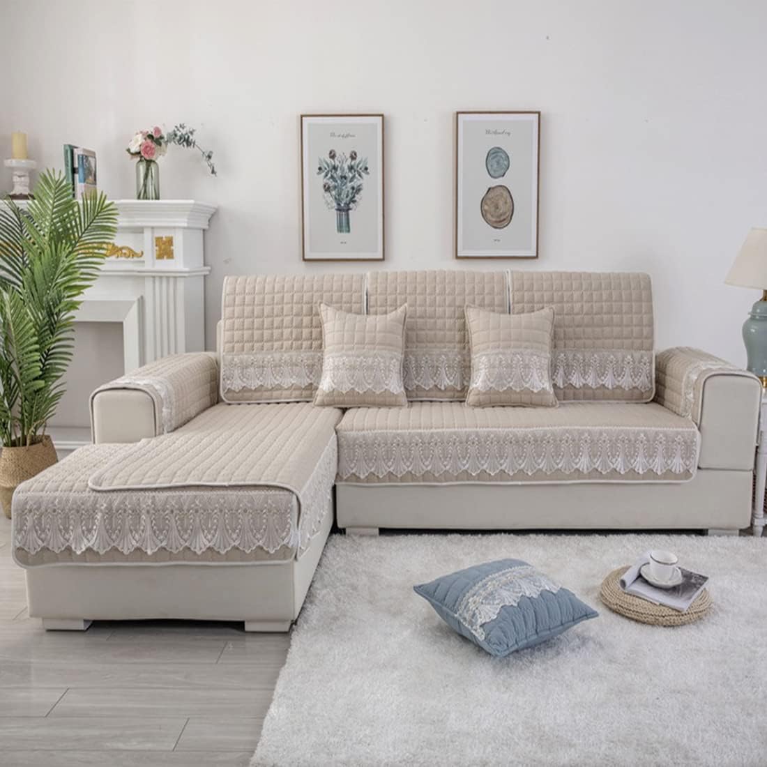 Lace Trim Sofa Cover Plaid Quilted Non Slip Sofa Slipcover Sectional Couch Cover Oversized Thick L Shaped Couch for Pets Kids Children, 1 Piece, Beige, 36" W x 63" L