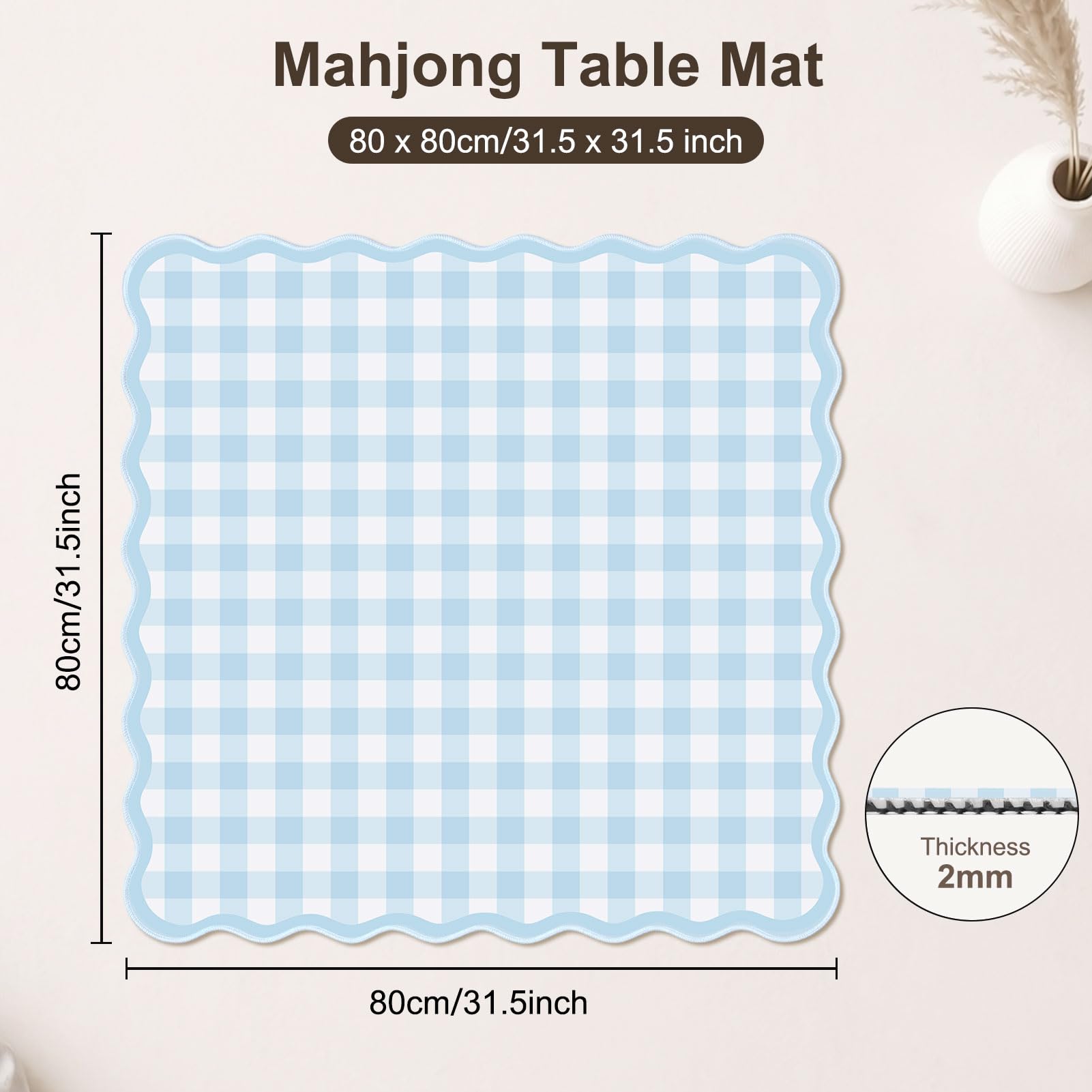 Tapis de mahjong festonné vichy 80 cm, antidérapant et antibruit pour table, tapis de jeu portable avec sac de transport pour mahjong américain, poker et dominos, bleu clair à carreaux