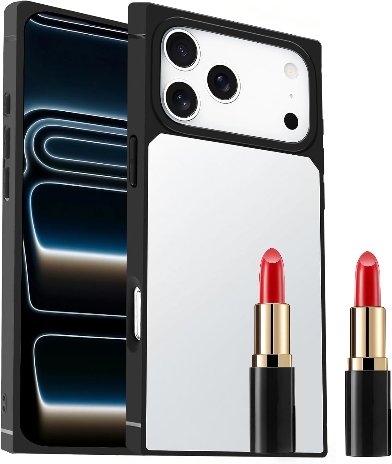 LUVI Compatible with iPhone 17 Pro Mirror Rectangle Case for Women Makeup Cute Luxury Glossy Glass Mirror Design with Silicone Bumper Slim Thin Fashion Protective Shockproof Cover Silver - Image 4