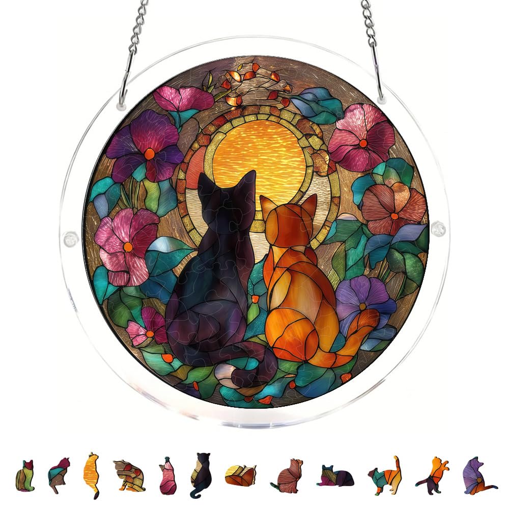 83 Pieces Hanging Acrylic Suncatcher Puzzle,DIY Acrylic Jigsaw Puzzle for Adults, 2mm Transparency Acrylic, Acrylic Suncatcher Puzzles for Doors Garden Window (Sunset Cat Couple E, 7.4 Inches)