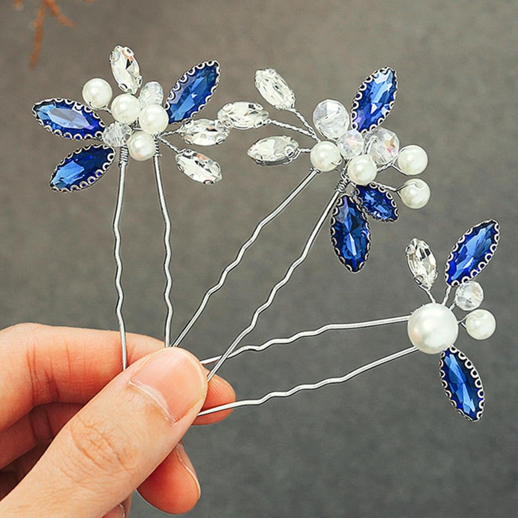 Heread Blue Crystal Bride Wedding Hair Pins Silver Pearl Bridal Hair Pieces Hair Accessories for Women and Girls(Pack of 3)