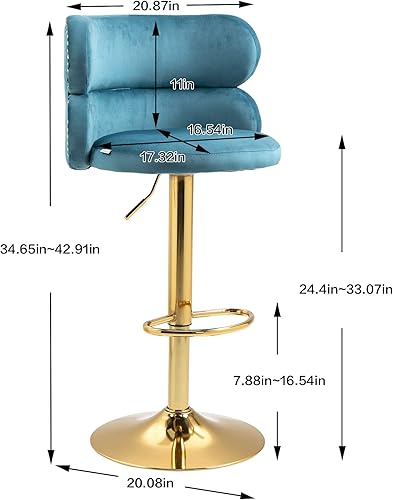 Miniatura 2 de SSLine Taburete de bar de terciopelo tapizado moderno giratorio con respaldo arqueado y reposapiés, taburetes ajustables de altura de mostrador de