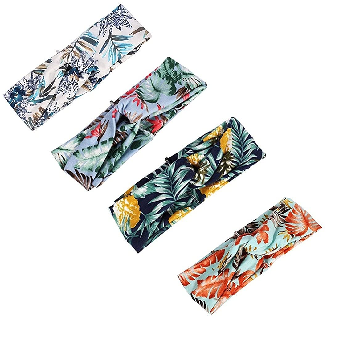 Women Elastic Flower Printed Plain Turban Head Wrap Headband Twisted Hair Band