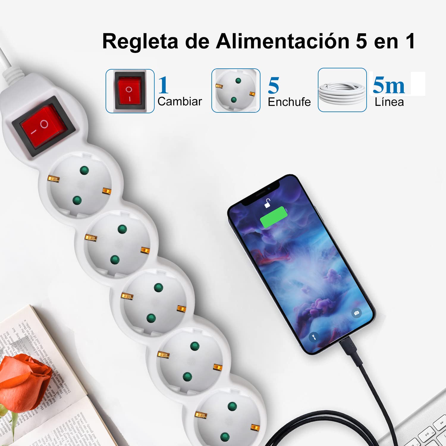 EXTRASTAR Regleta Alargador de 5 Metros con 5 Enchufes e Interruptor, para el hogar, Oficina y Viajes, Blanco 1Pc — view 2