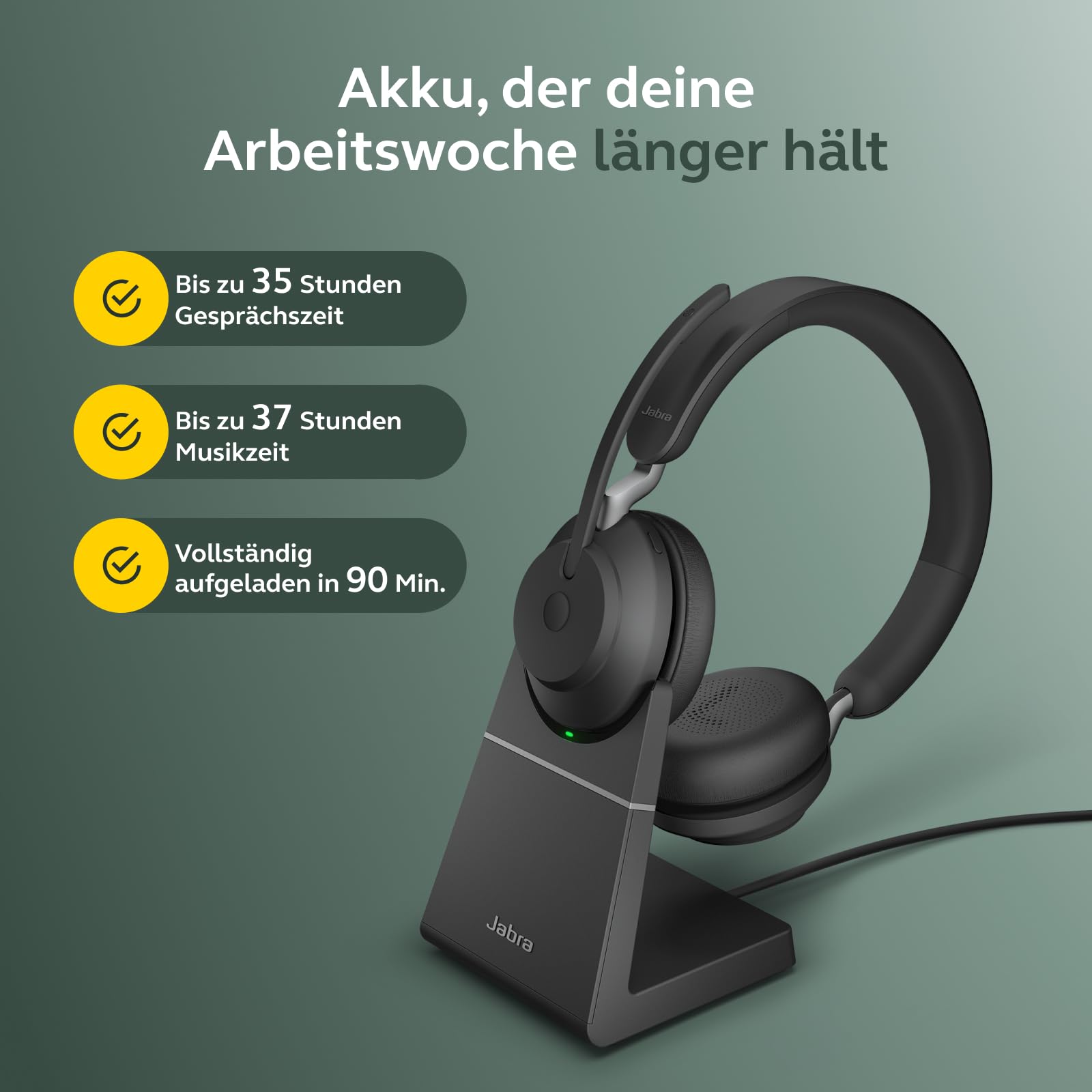 Jabra Evolve2 65 Wireless PC Headset with Charging Stand – Noise Cancelling UC Certified Stereo Headphones with Long-Lasting Battery – USB-C Bluetooth Adapter – Black
