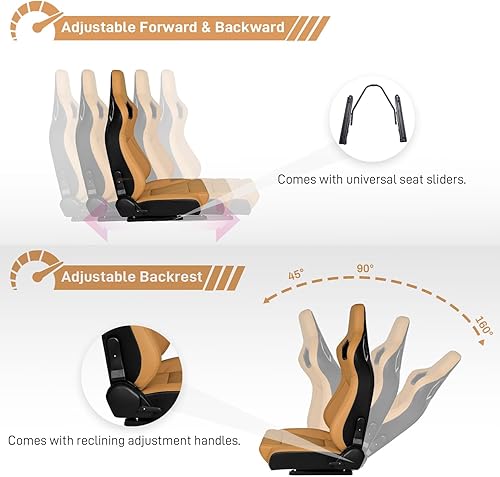Miniatura 4 de WTRAVEL Asientos de Carreras 2 Piezas Asientos Bucket Reclinables con 2 Deslizadores Asientos de Cuero PU Ajustables Asientos Deportivos Universales