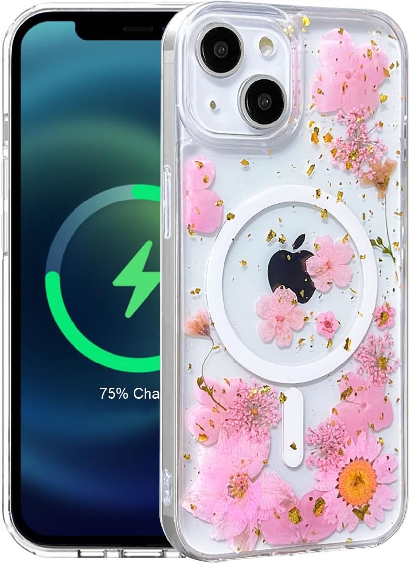 Magnetic for iPhone 13/14/15/16e/17e Case Compatible with MagSafe Clear with Real Pressed Floral Design Glitter Cute Grily Women Aesthetic Stylish Shockproof Protective Flower Phone Case