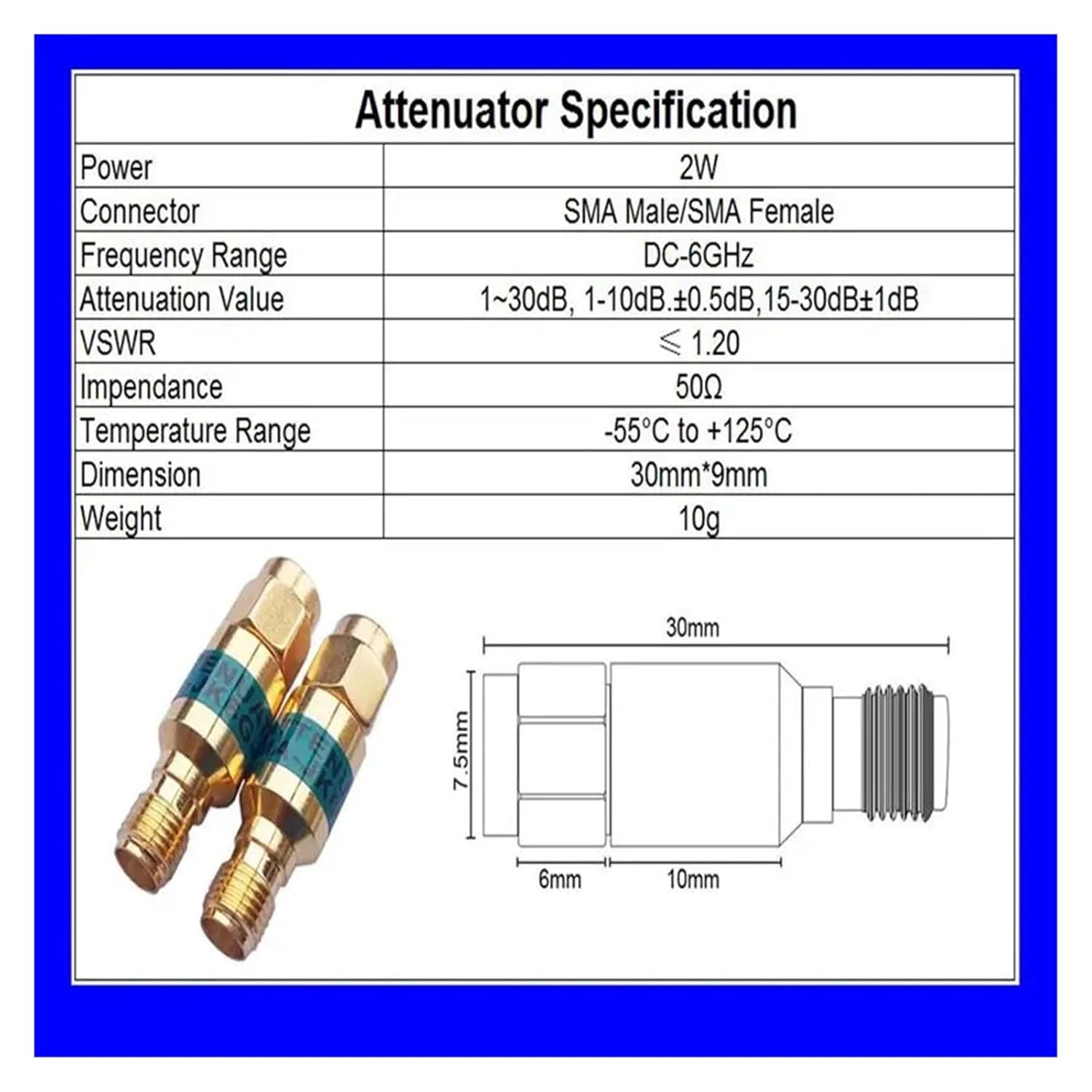 2W SMA-JK coaxial attenuator, DC to 6.0GHz, 50°, 1dB, 2dB, 3dB, 5dB, 6dB, 10dB, 15dB, 20dB, 30dB(10db)