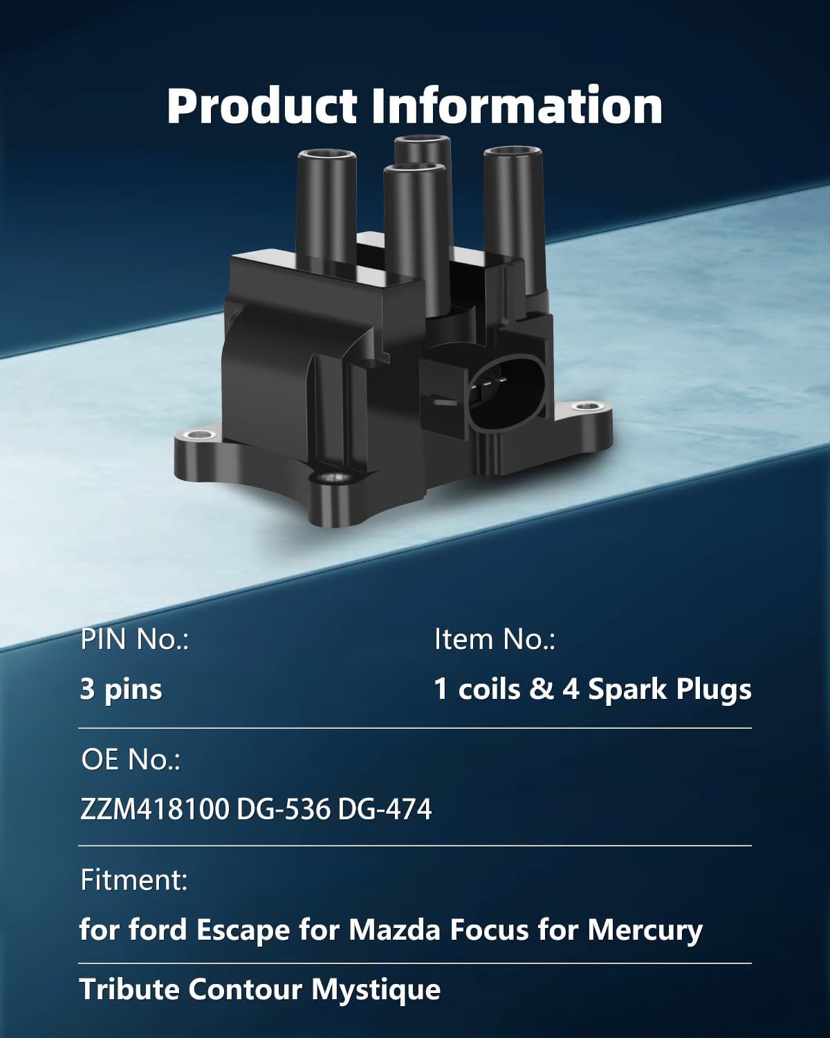 ECCPP FD497 1 ignition coils with 4 iridium Spark Plugs for ford for Mazda Ranger 2.3L L4 2001-2009 B2300 2.3L L4 1999-2004 2.0L L4 ZZM418100 DG-536 DG-474
