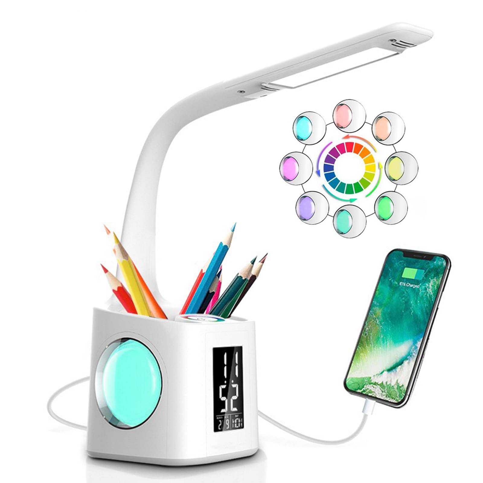 Sveglia Digitale SIC Lampada Da Scrivania LED - Caricatore Wireless, USB, Sveglia, Calendario, 5 Luminosità, Pieghevole Desk Lamp