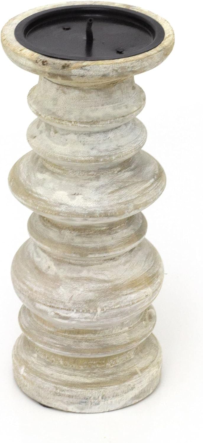 24cm Traditional Wooden Church Pillar Candle Holder Whitewashed Spike