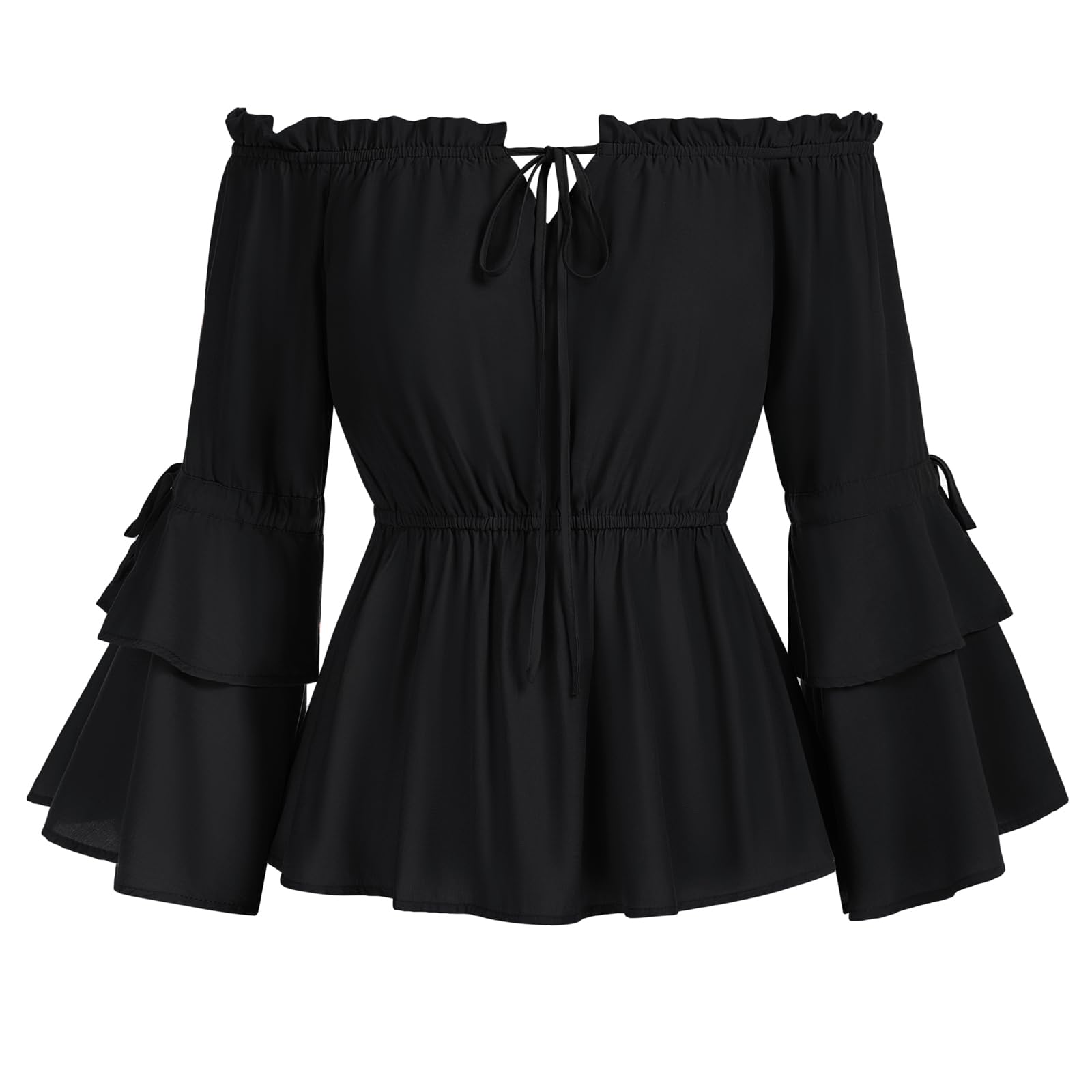 SCARLET DARKNESS Women Vintage Medieval Top Off the Shoulder 3/4 Sleeve Peplum Victorian Blouse Crew Neck Elastic Waist Party Tops Black S